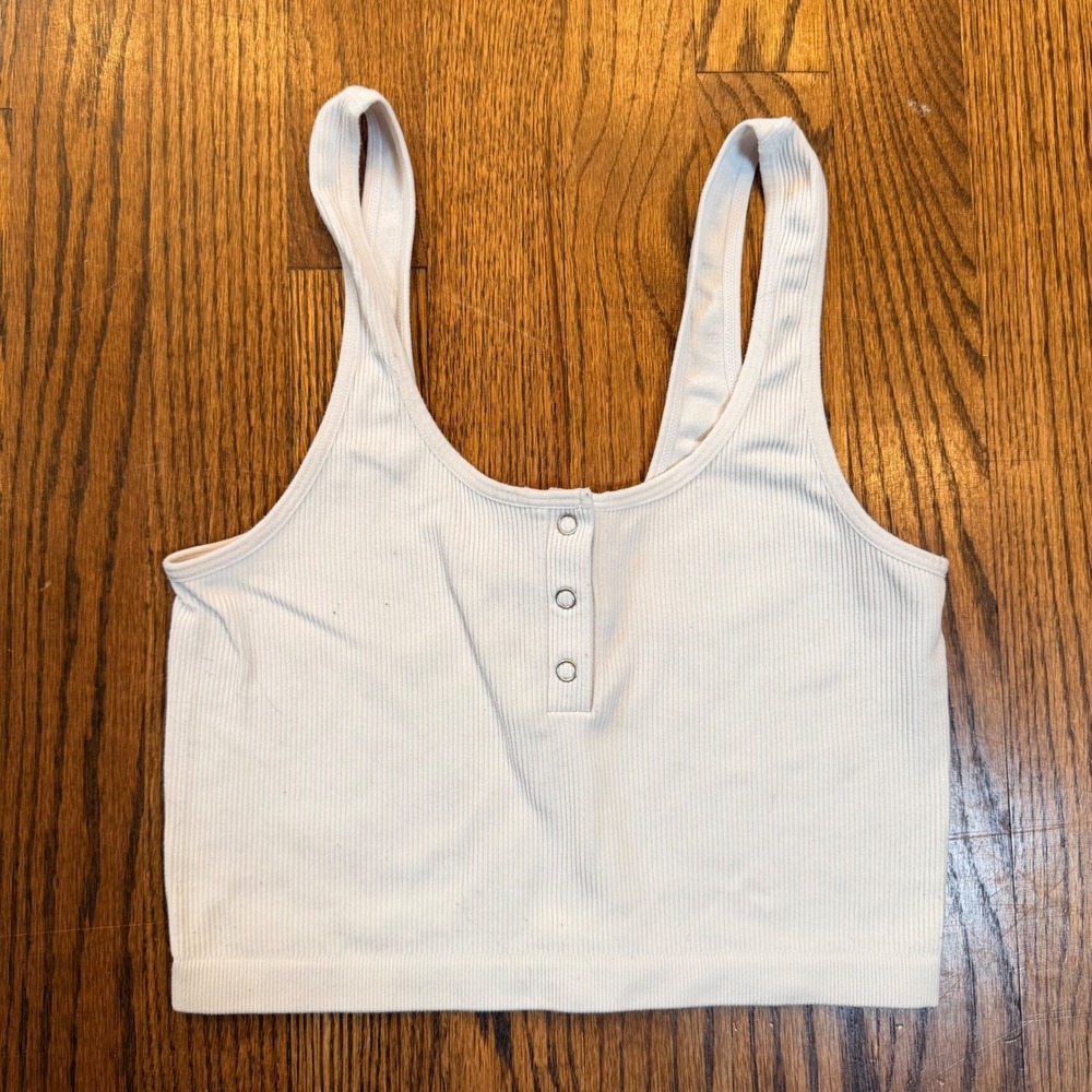 Bozzolo Ribbed Henley Crop Tank Top Seamless Stretch S/M Cream Off White‎